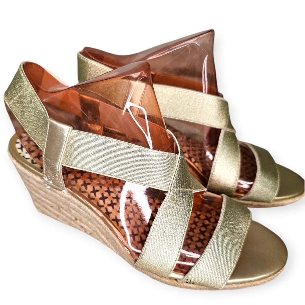 Lands' End Women's Wedge Espadrille Sandal Size 6.5 Gold Shimmer